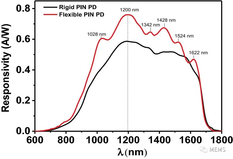 Response spectra of InGaAs flexible thin-film photodetector and InGaAs rigid photodetector at 300K.